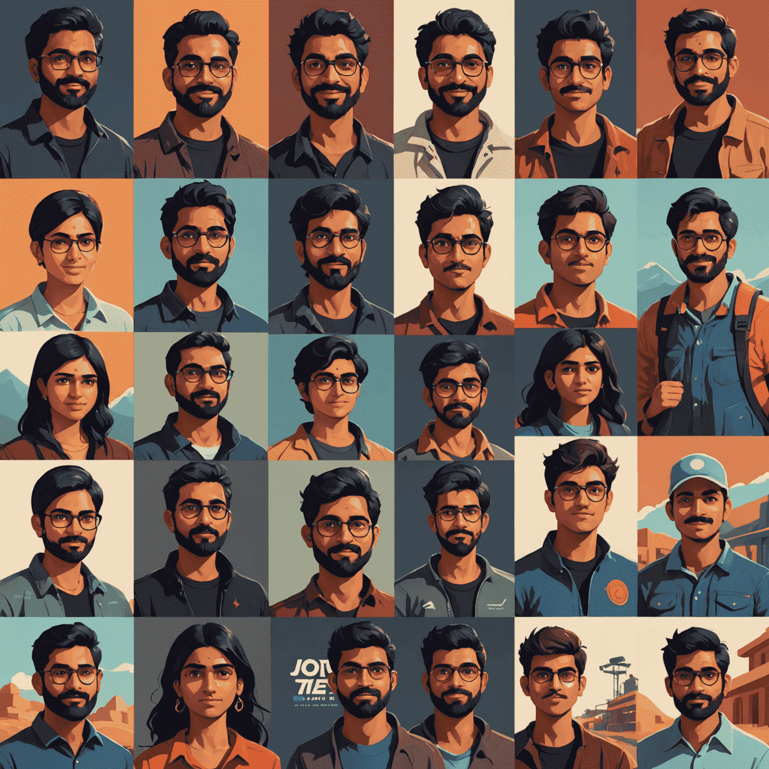 A collage of diverse Indian indie game developers working on their projects, showcasing a variety of game styles and genres