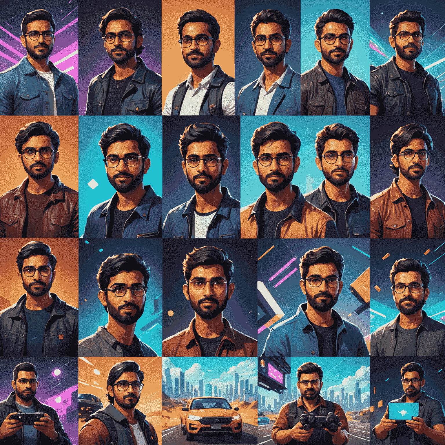 A collage of diverse Indian indie game developers working on unique game projects, surrounded by holographic game characters and innovative UI designs