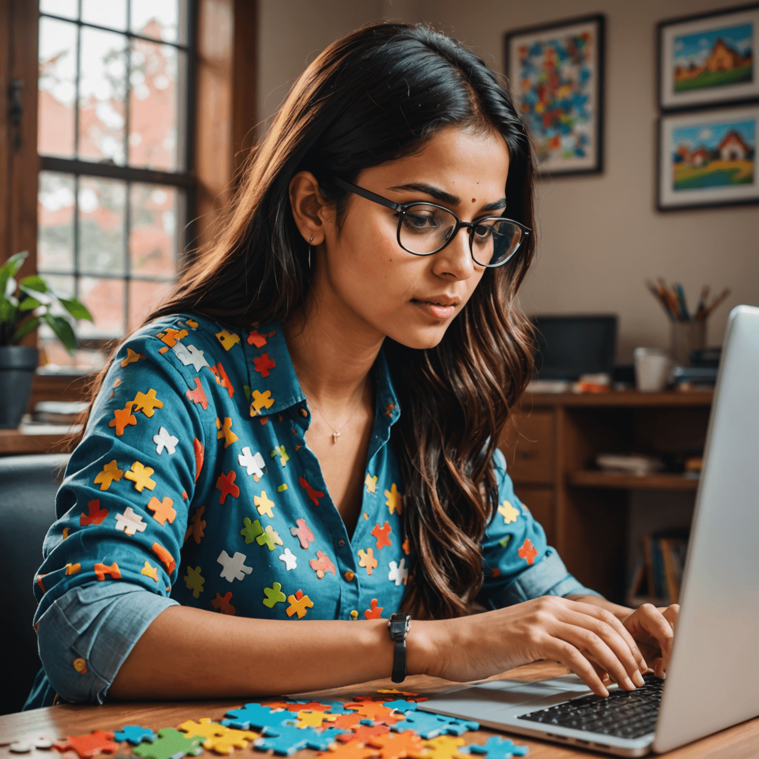 Priya Sharma, a young woman with glasses, working on a colorful puzzle game on her computer