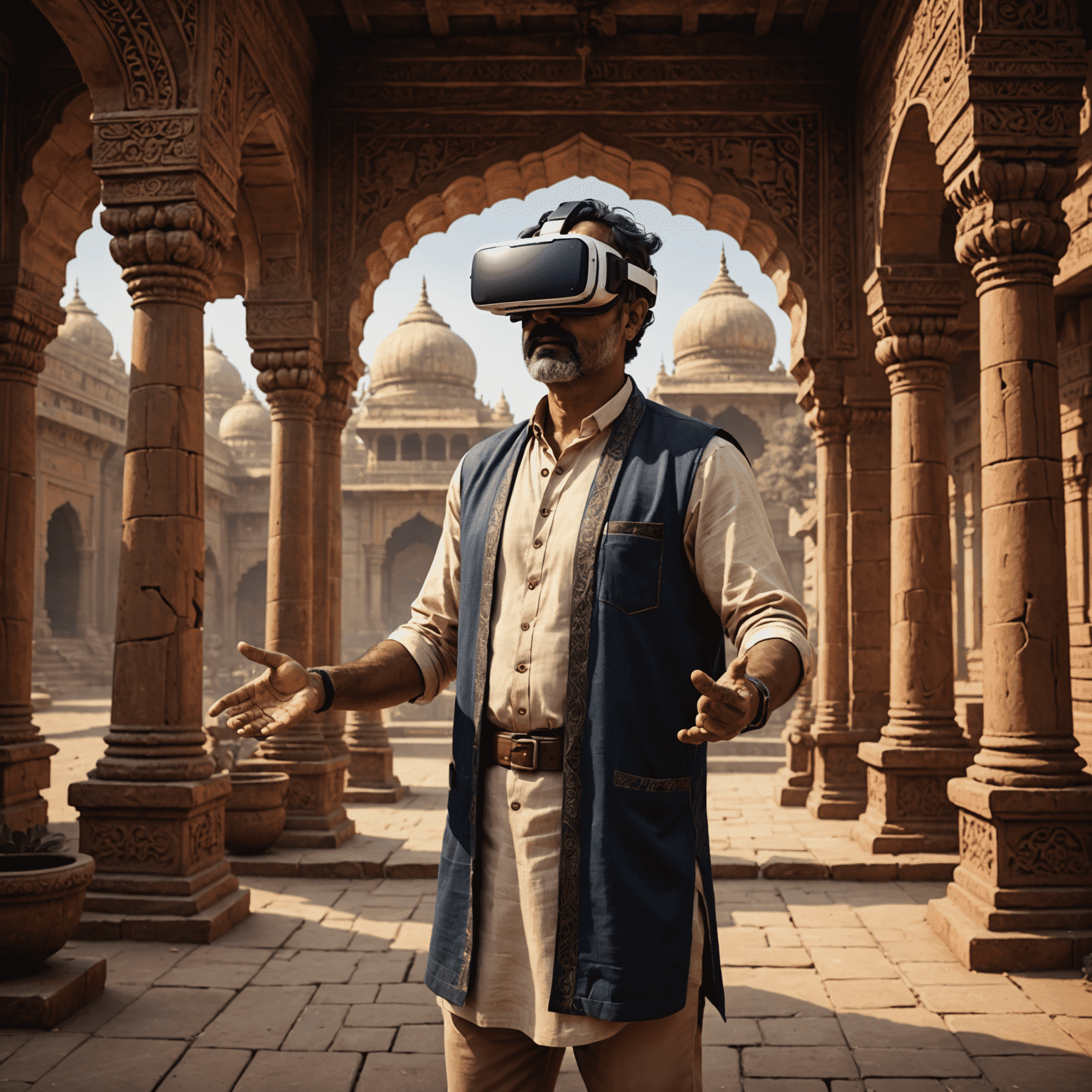 Rajesh Kumar, a middle-aged man, demonstrating his VR game set in ancient India
