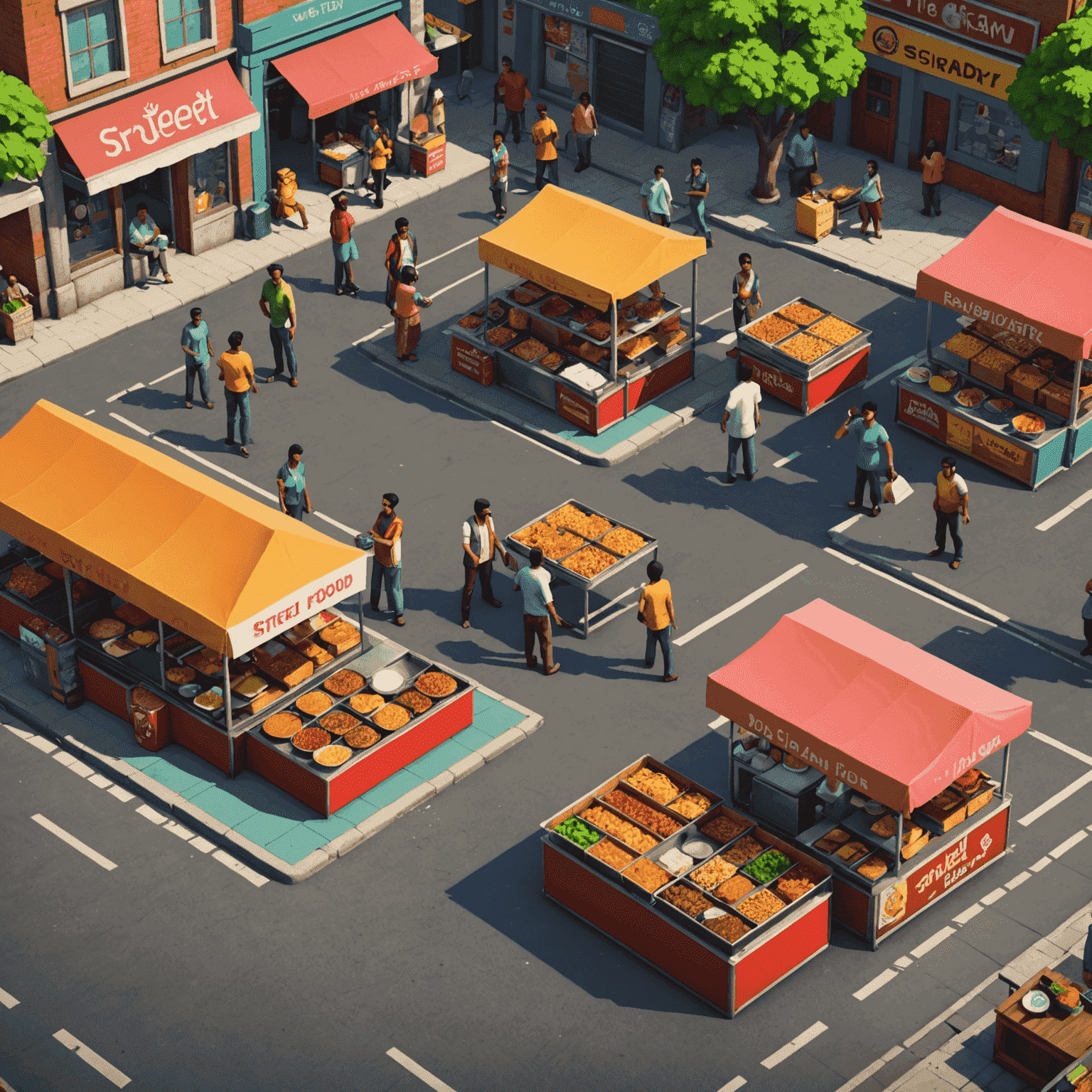 Screenshot of 'Street Food Tycoon' game, showing a vibrant Indian street with food stalls and customers